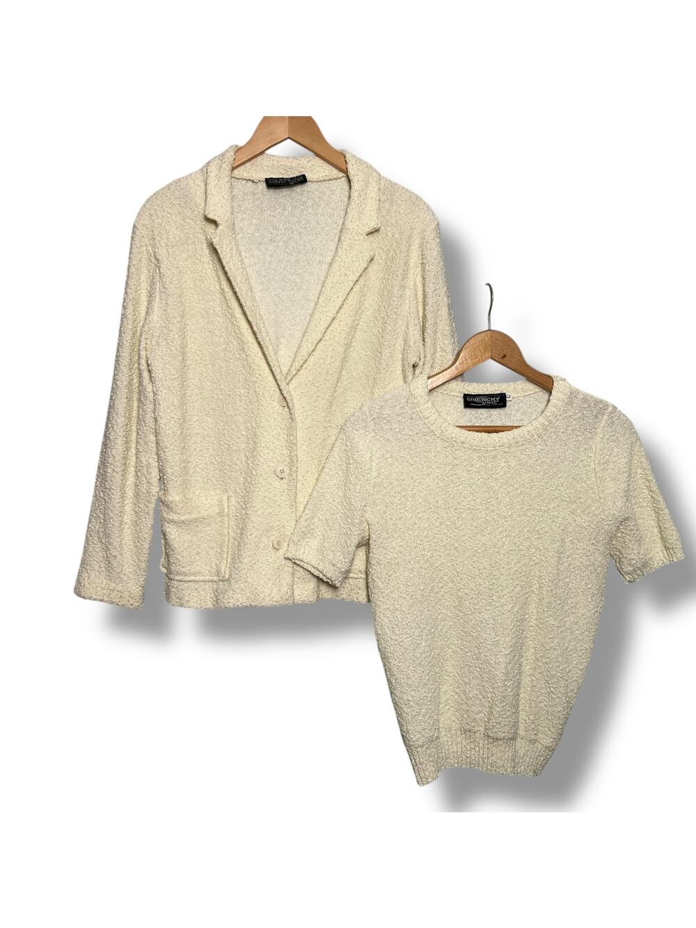 Vintage Givenchy Sport Knit Jacket Cream Short Sleeve Sweater Set Size Large